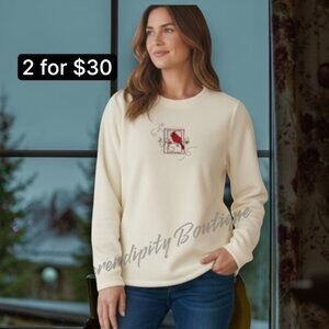 Bonnie Evans Fluffy Soft Embroidered Cardinal Oversize Pullover Polar Fleece